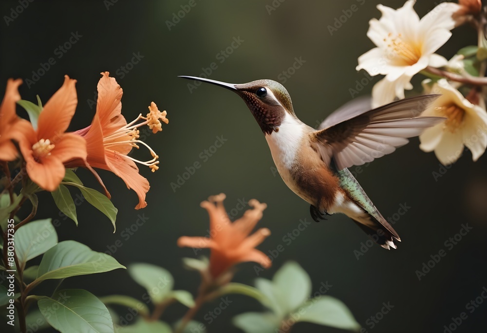 Obraz premium A beautiful, delicate, small bird flying near flowers on a light, pastel background