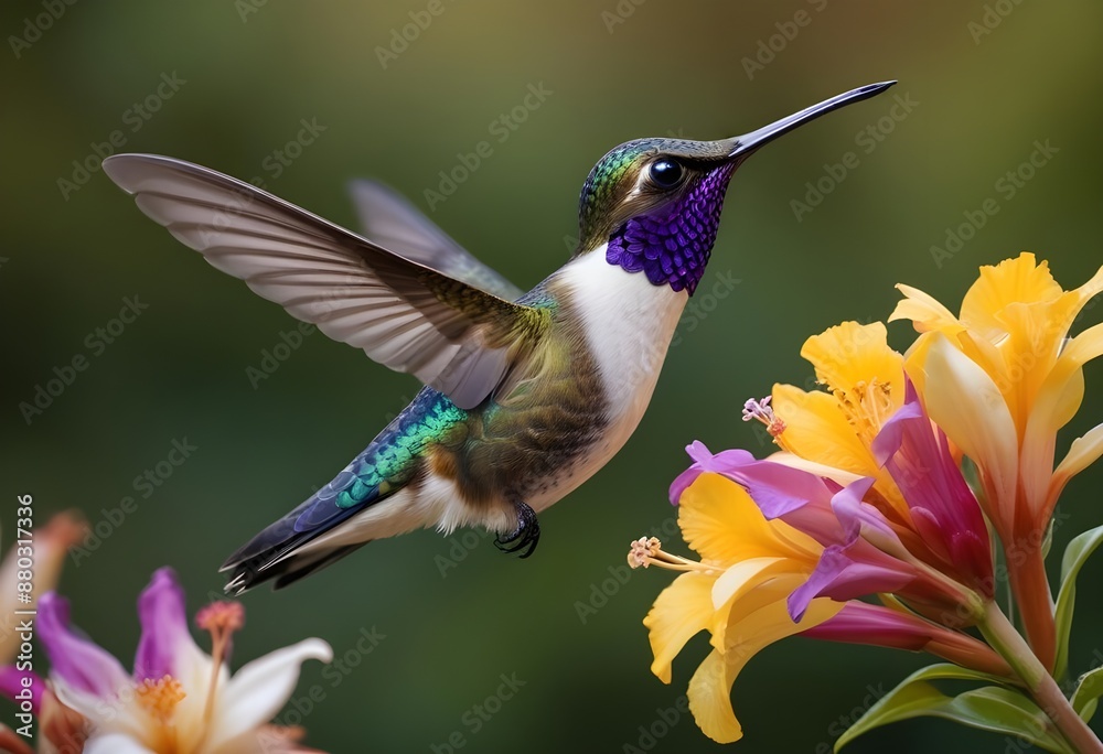 Fototapeta premium A beautiful, delicate, small bird flying near flowers on a light, pastel background
