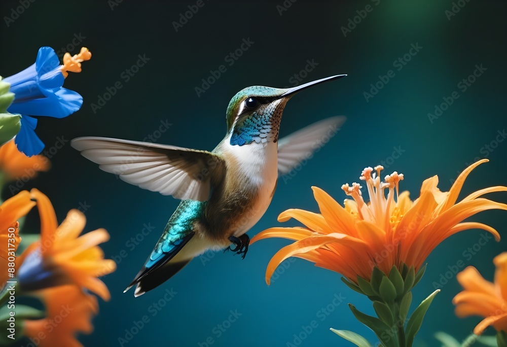 Fototapeta premium A beautiful, delicate, small bird flying near flowers on a light, pastel background