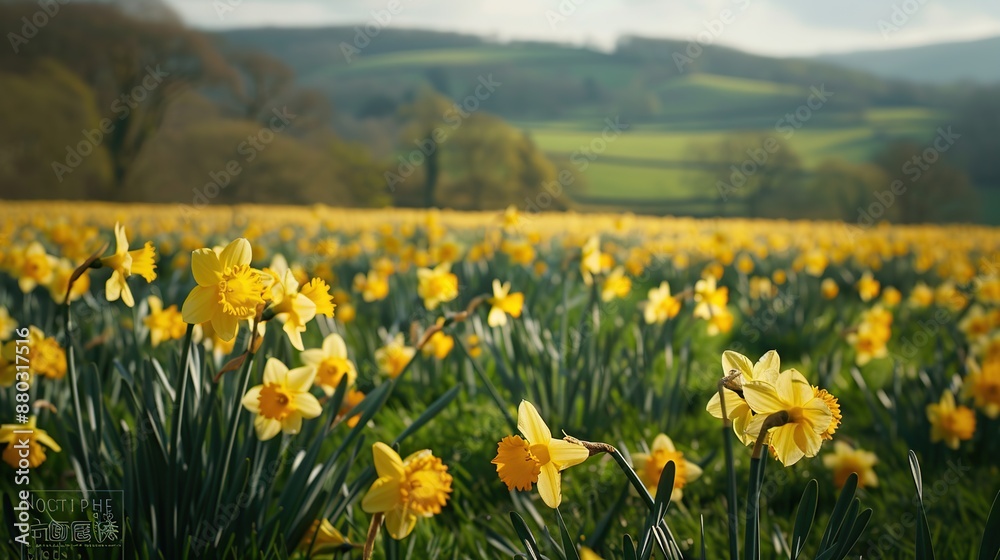 Field of yellow daffodils swaying gently in spring season with a blue sky in the background. The daffodils are in full bloom and the field is lush and green Field of yellow daffodils swaying gently in spring season with a blue sky in the background. The daffodils are in full bloom and the field is lush and green