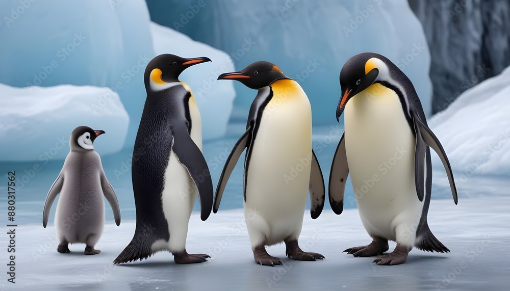 Fototapeta premium A flock of penguins on a glacier. A flock of penguins from Bilsko. Macro shot of a penguin family