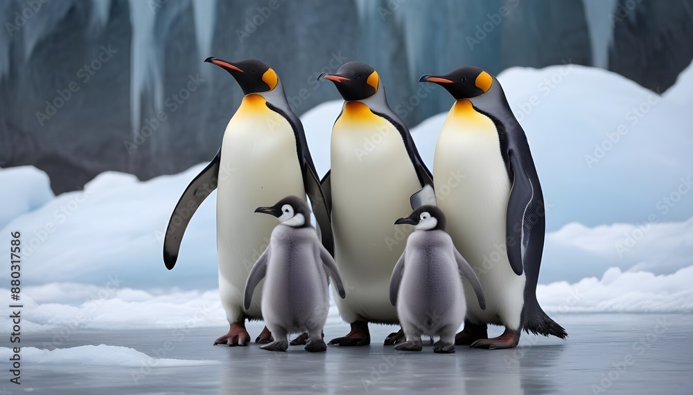 Obraz premium A flock of penguins on a glacier. A flock of penguins from Bilsko. Macro shot of a penguin family