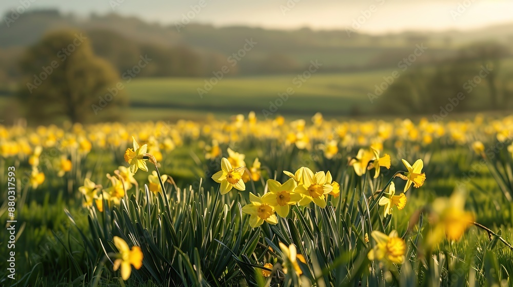 Obraz premium Field of yellow daffodils swaying gently in spring season with a blue sky in the background. The daffodils are in full bloom and the field is lush and green