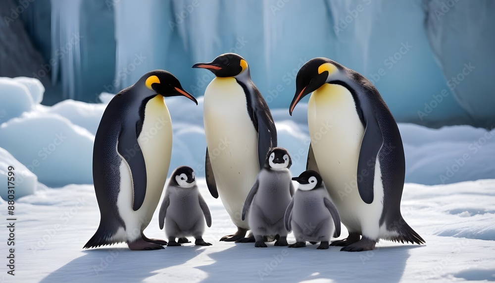 Fototapeta premium A flock of penguins on a glacier. A flock of penguins from Bilsko. Macro shot of a penguin family
