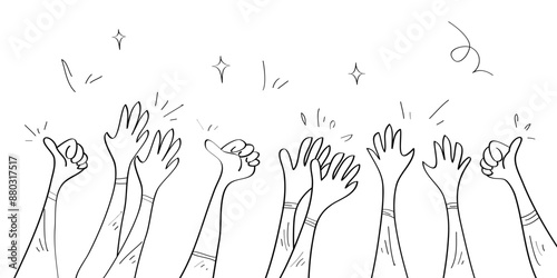Hand drawn of hands clapping ovation. applause, thumbs up gesture on doodle style. vector illustration