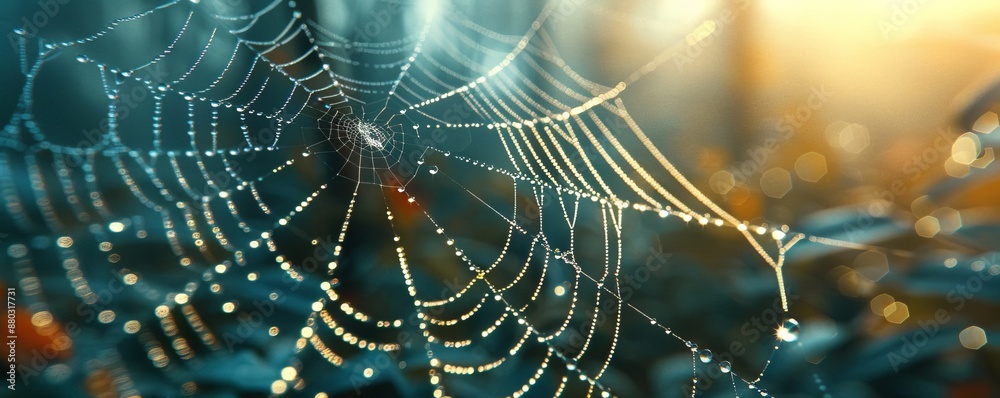 A photorealistic close-up of a spider web glistening with morning dew, each strand reflecting the world. A photorealistic close-up of a spider web glistening with morning dew, each strand reflecting the world.