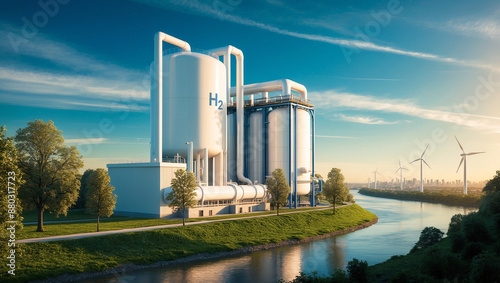 H2 hydrogen power plan with pipes for eco city on right and wind tubine near river blue sky, friendly concept blue background,text space