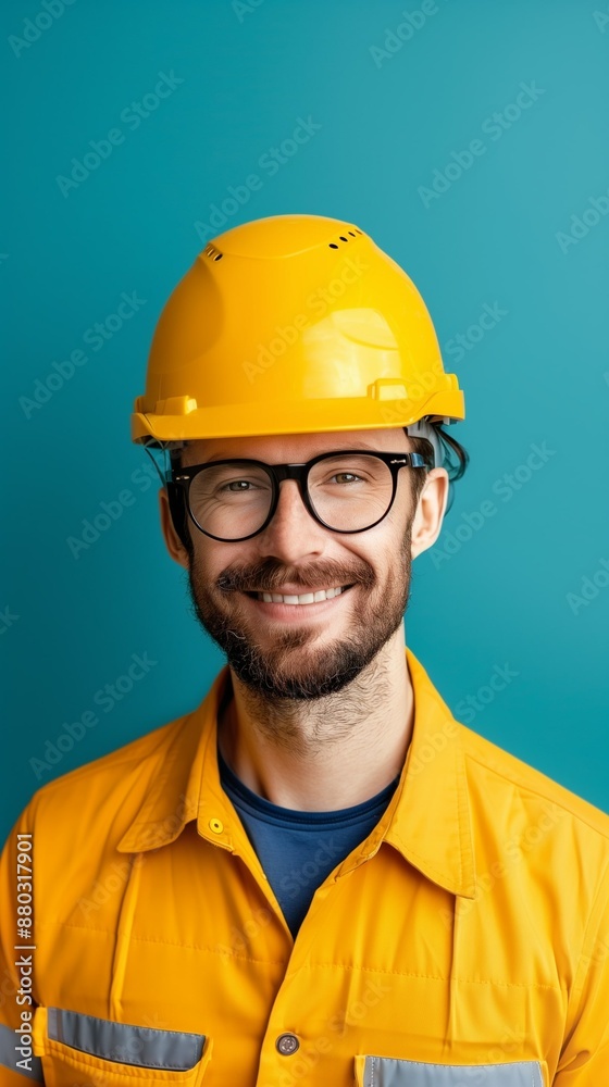A male construction worker on a monochrome background with a place for text. A man in a construction helmet. Construction, industry, finishing works A male construction worker on a monochrome background with a place for text. A man in a construction helmet. Construction, industry, finishing works