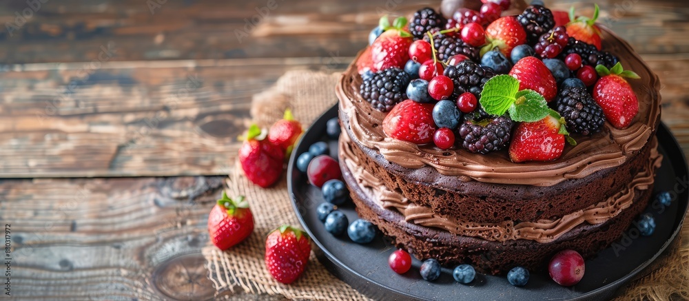 An exquisite chocolate cake with chocolate cream and fresh berries displayed on a plate against a rustic wooden background, with copy space image. An exquisite chocolate cake with chocolate cream and fresh berries displayed on a plate against a rustic wooden background, with copy space image.