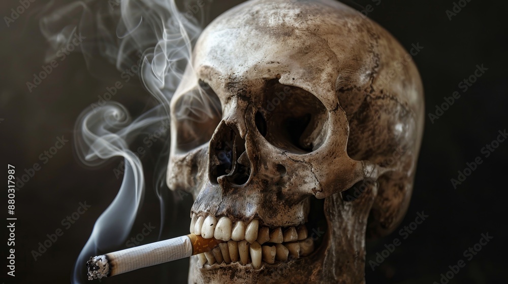 Skull-shaped Smoke Clouds from Burning Cigarette, Symbolizing Toxic Threat.