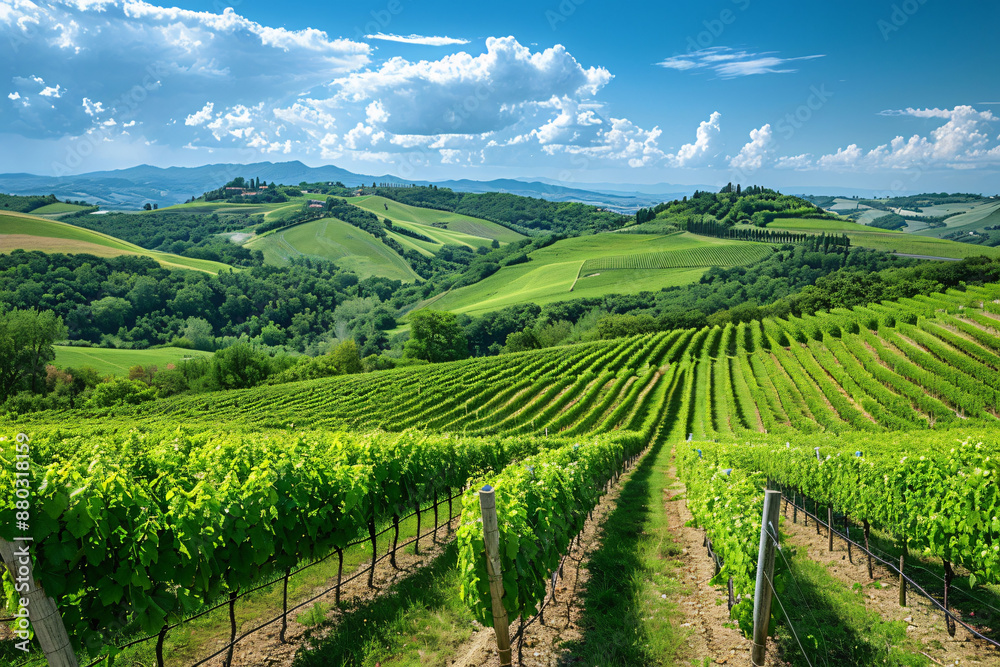 Green vineyard nestled in the countryside of Italy, with rolling hills, lush grapevines, and a clear blue sky. Green vineyard nestled in the countryside of Italy, with rolling hills, lush grapevines, and a clear blue sky.