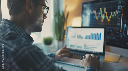 Businessman examines sales data and growth charts on laptop. He plans, strategizes, and develops business, accounting for finances, researching markets, and analyzing data.