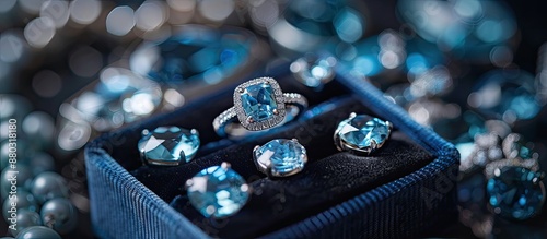 A cushion-cut blue topaz ring is displayed in a dark blue jewelry box alongside a variety of natural gemstone accessories in a studio setting with copy space image. photo