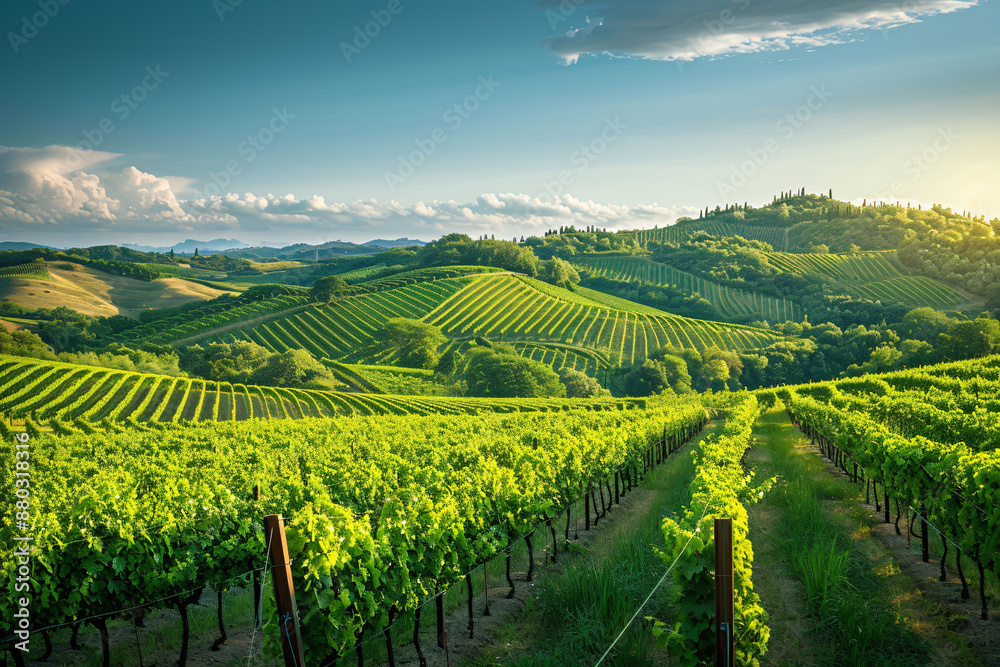 custom made wallpaper toronto digitalGreen vineyard nestled in the countryside of Italy, with rolling hills, lush grapevines, and a clear blue sky.