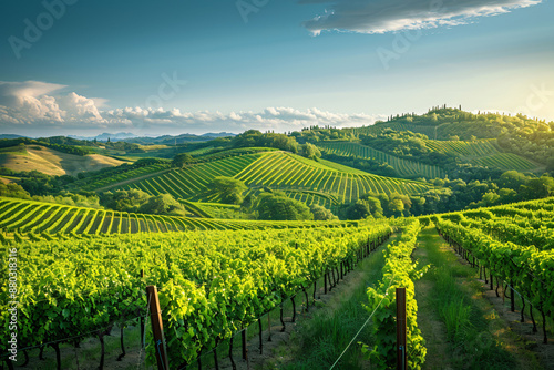 Wallpaper Mural Green vineyard nestled in the countryside of Italy, with rolling hills, lush grapevines, and a clear blue sky. Torontodigital.ca
