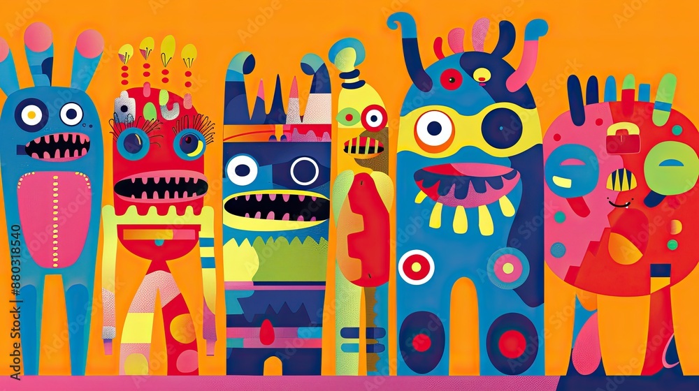 Playful cartoon characters with exaggerated features and bright colors.