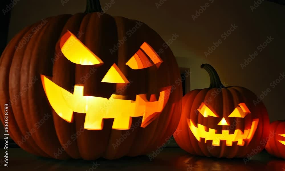 Two pumpkins with scary faces and one with a light on it. Scene is spooky and Halloween-like Two pumpkins with scary faces and one with a light on it. Scene is spooky and Halloween-like