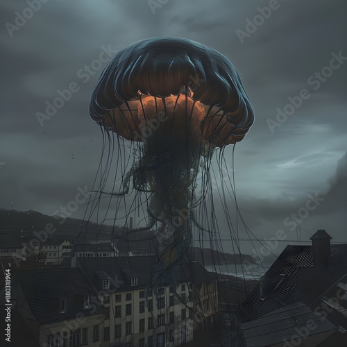 a hyperrealistic bisarre photo of a jellyfish-human-hybrid, long tentacles, human head stuck on a jellyfish, floating in mid air, looking angry, ominous and misty vibe, in coastal town, darkness, horr photo