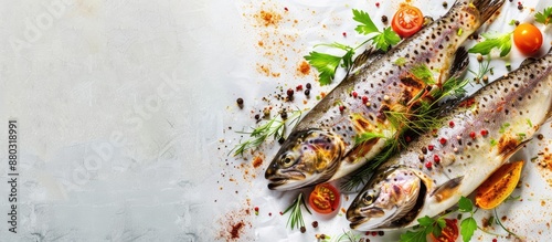 Baked trout with a side of garnish and a blank copy space image. photo