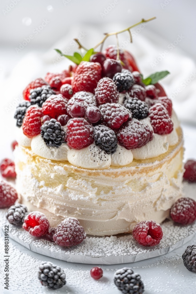 A delicious cake topped with vibrant berries and fluffy whipped cream, ready to be enjoyed
