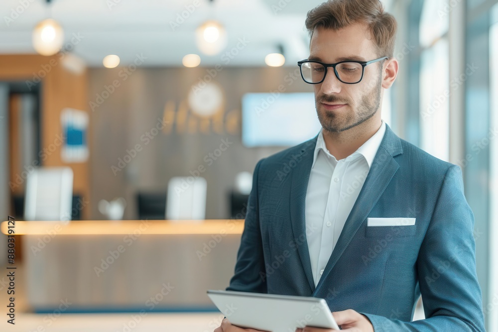 A contemporary hotel manager, elegantly attired in a stylish suit, confidently navigates a modern reception area with a tablet, a high-contrast photo collage aesthetic.
