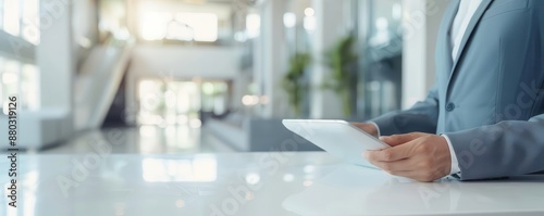 Hotel manager checking in guests with a tablet, Contemporary, High contrast, Digital painting, Stylish reception area