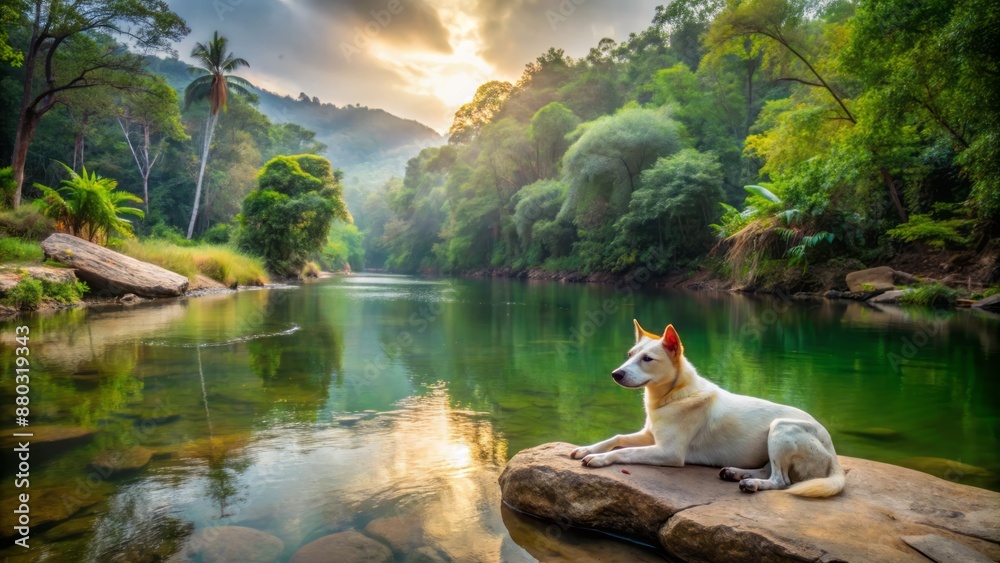 Obraz premium Serene riverbank scene featuring a white Thai dog lazily resting on a weathered rock beside calm flowing water Thailand.