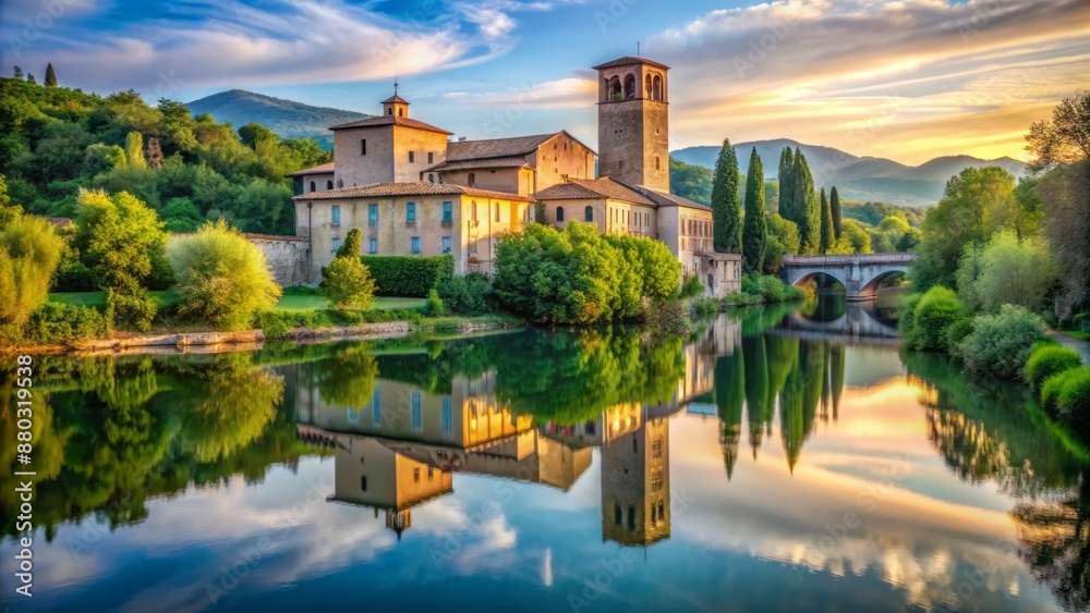 Obraz premium A scenic morning view of the picturesque Cathedral of Santa Maria Assunta situated alongside the tranquil Nera River in Terni Italy.