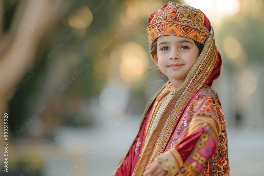 Fototapeta premium Young Boy In Traditional Indian Clothing Smiles In A Blurred Background