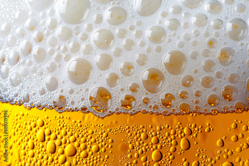 close up of beer texture background with white foam and bubbles, yellow color