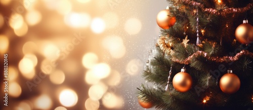 Close-up festive composition with a decorated Christmas tree surrounded by soft yellow lights and a bokeh effect background, featuring new year holiday decorations and offering copy space image.