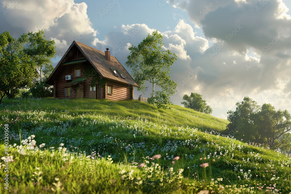 A scenic log cabin on a lush green hillside surrounded by wildflowers under a partly cloudy sky, creating a serene countryside atmosphere. A scenic log cabin on a lush green hillside surrounded by wildflowers under a partly cloudy sky, creating a serene countryside atmosphere.