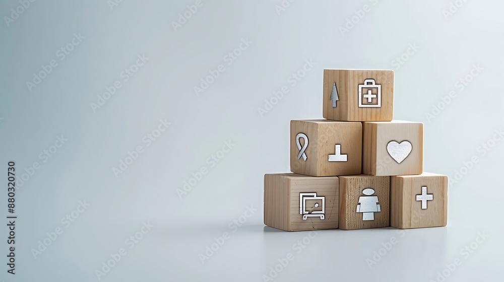 Fototapeta premium A stack of wooden blocks with icons representing different aspects or challenges in life such as money, family health and travel on top of each other. The background is plain light blue to emphasize