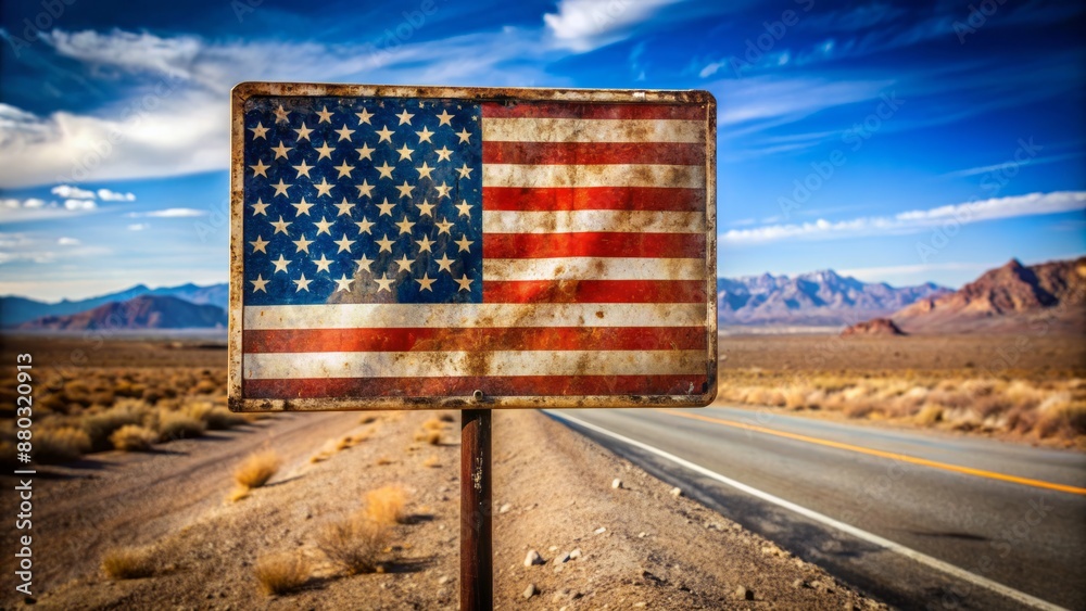 Old, worn, rusty metal road sign with faded lettering and a worn ...