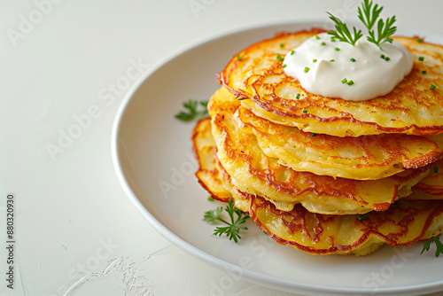 a plate of pancakes with sour cream and parsley