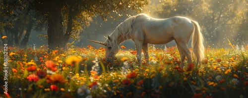 A photorealistic image of a majestic unicorn grazing in a field of wildflowers, its horn glowing with an ethereal light.