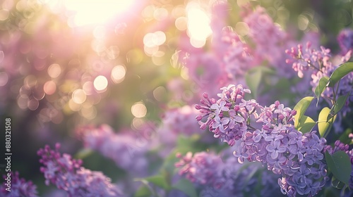 Close-up of a field of lilac flowers in full bloom in clusters with warm light and blurred background. The atmosphere is warm and inviting