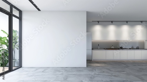 Modern minimalist kitchen with large windows and plants.