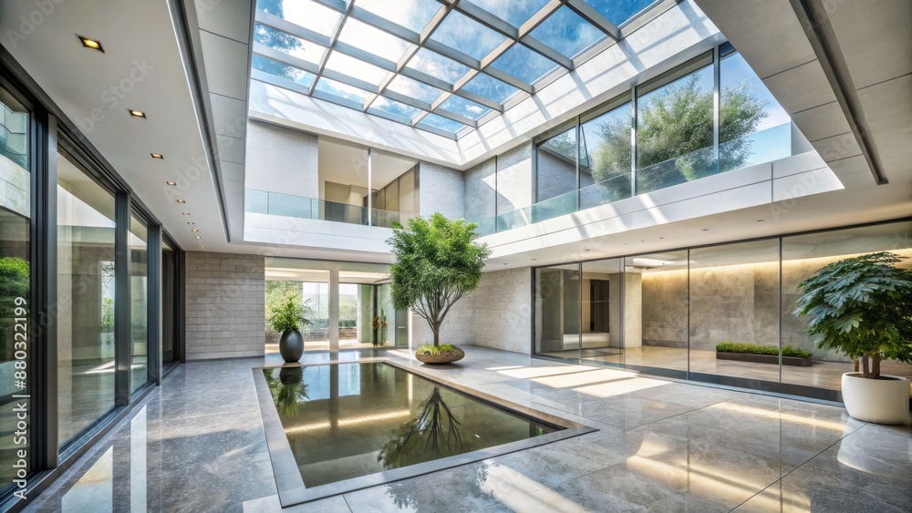 Modern minimalist light-filled atrium with sleek stone flooring, surrounded by glass walls and topped with a large skylight. Modern minimalist light-filled atrium with sleek stone flooring, surrounded by glass walls and topped with a large skylight.