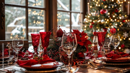 Festive New Year's table adorned in vibrant red hues, set amidst a backdrop of an ornate Christmas tree and a window showcasing a wintry landscape.