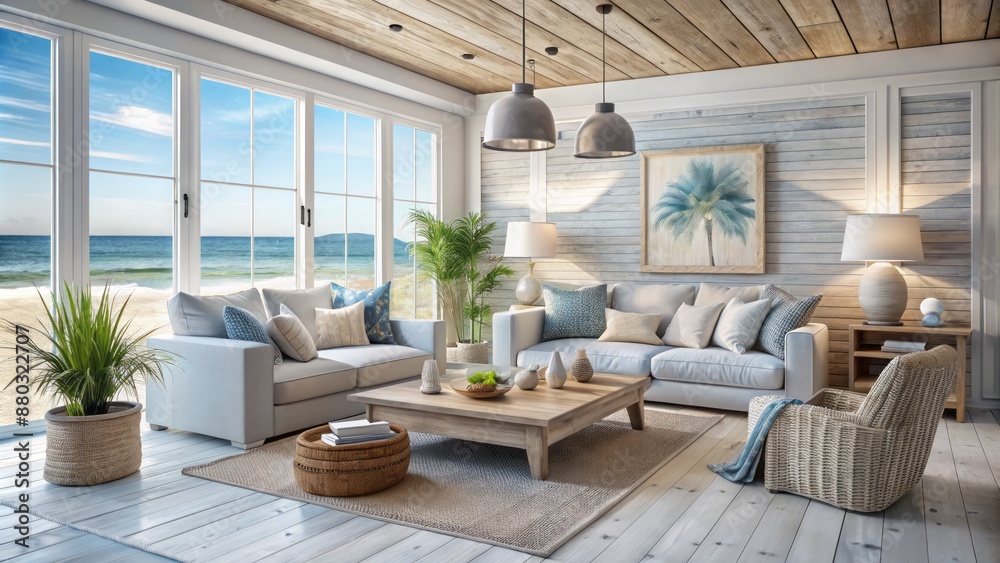 Fototapeta premium Serenely lit, calming coastal interior with whitewashed wood, natural textures, and soft blues, evoking a relaxed beachside retreat ambiance.