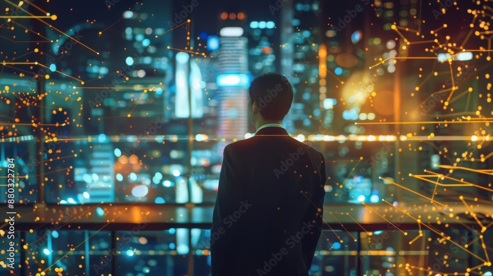 Businessman overlooking a cityscape at night, networked Businessman overlooking a cityscape at night, networked