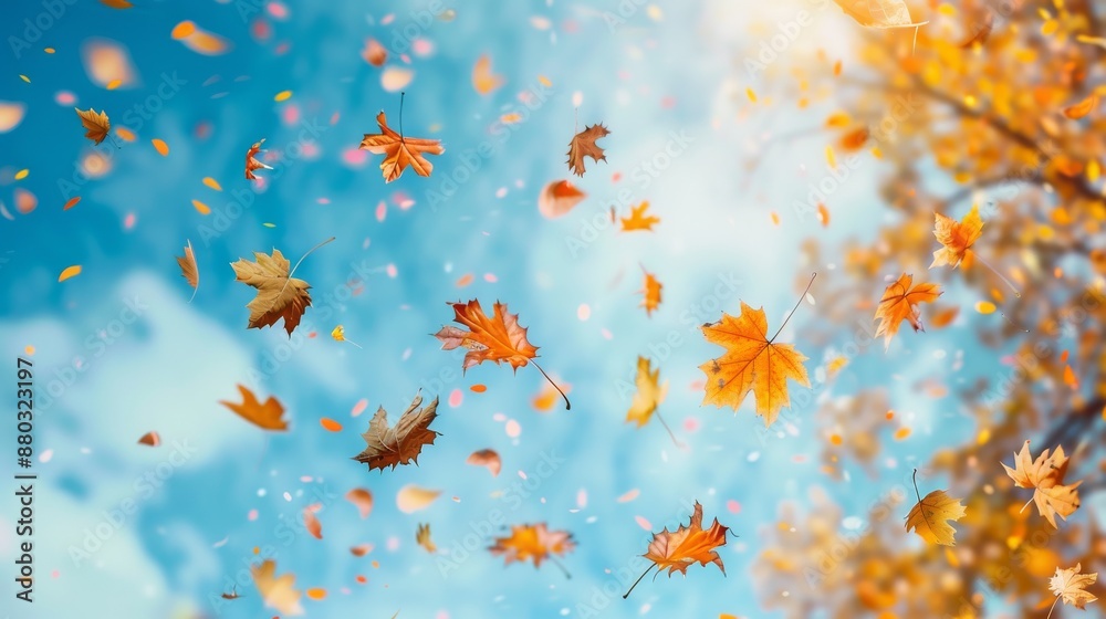 Autumn leaves falling against a vibrant blue sky view. Autumn leaves falling against a vibrant blue sky view.