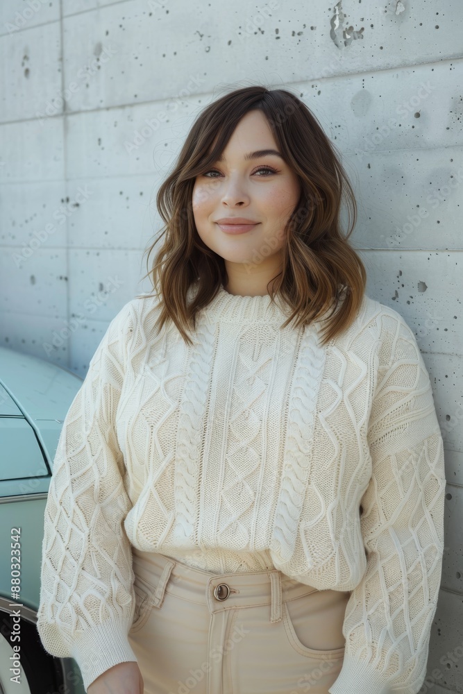 A smiling plus size woman standing next to a car in front of a wall A smiling plus size woman standing next to a car in front of a wall