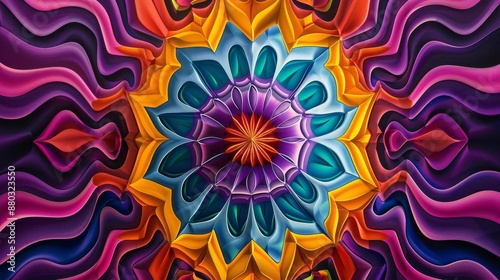 A mesmerizing abstract pattern featuring a central purple starburst surrounded by concentric layers of vivid