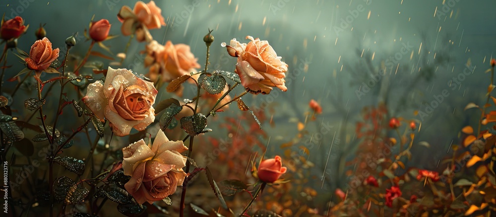 Roses with autumn hues against a rainy backdrop create a picturesque scene. Roses with autumn hues against a rainy backdrop create a picturesque scene.