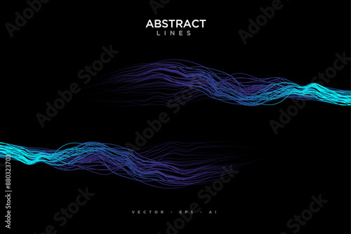 AI Artificial intelligence wave lines neural network purple blue and green light isolated on black background. Vector in concept of technology, machine learning