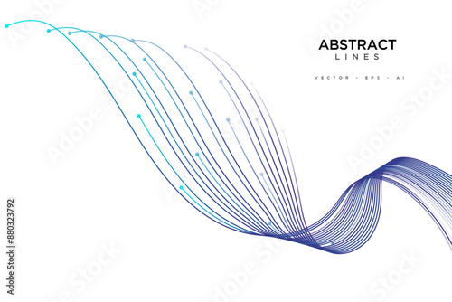 Vector abstract light lines wavy flowing dynamic in blue green colors isolated on white background for concept of AI technology, digital, communication, 5G, science, music