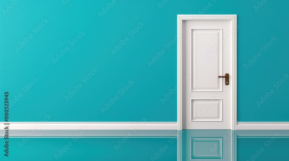 A closed white door stands against a blue wall with a reflective floor, creating a serene and minimalist setting. A closed white door stands against a blue wall with a reflective floor, creating a serene and minimalist setting.