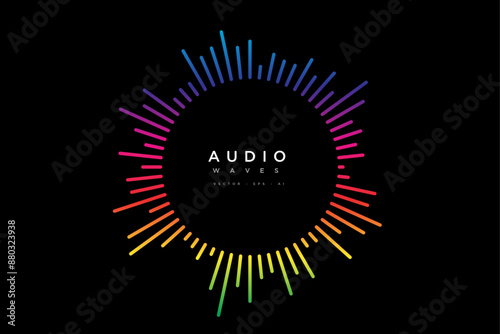 Abstract round sound wave stripe lines colourful gradient equalizer isolated on black background in concept music, sound, technology.